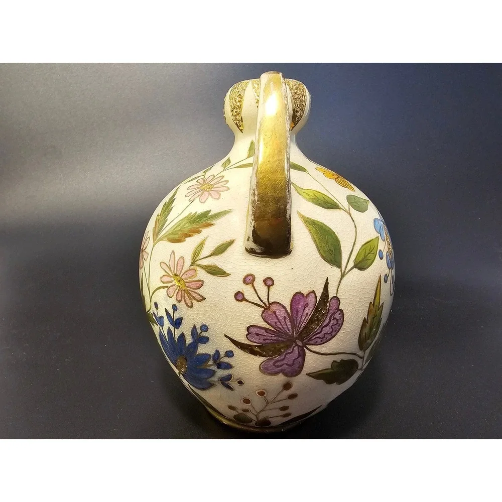 Vintage Hand Painted Floral Crackle Glaze Ceramic Amphora Vase Urn Gold Trm 5.5